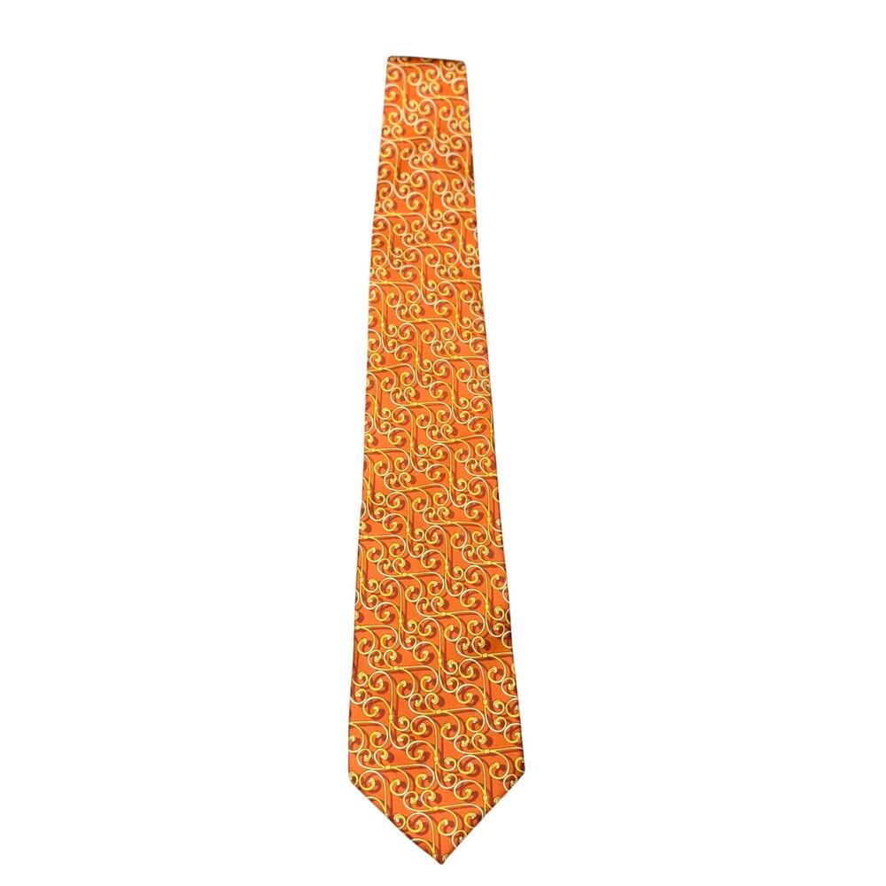 Vintage Nina Ricci Neck Tie Orange Printed Handmade Silk Made In France Designer